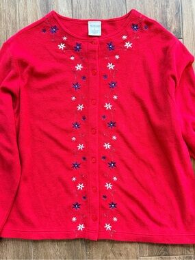 Vintage Women’s Red Embroidered Button-Front Sweater